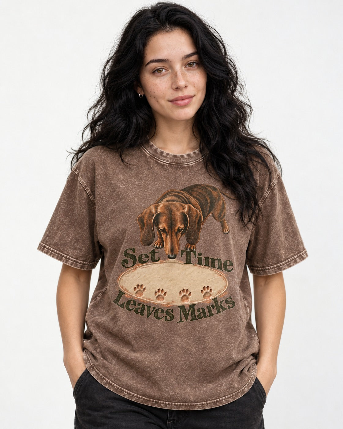 Dachshund Time Leaves Marks Washed Tee in Coffee, worn by a model