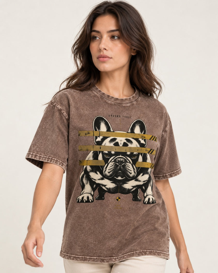 Frenchie Ground Force Industrial Barrier Graphic Washed Tee in Coffee, worn by a model