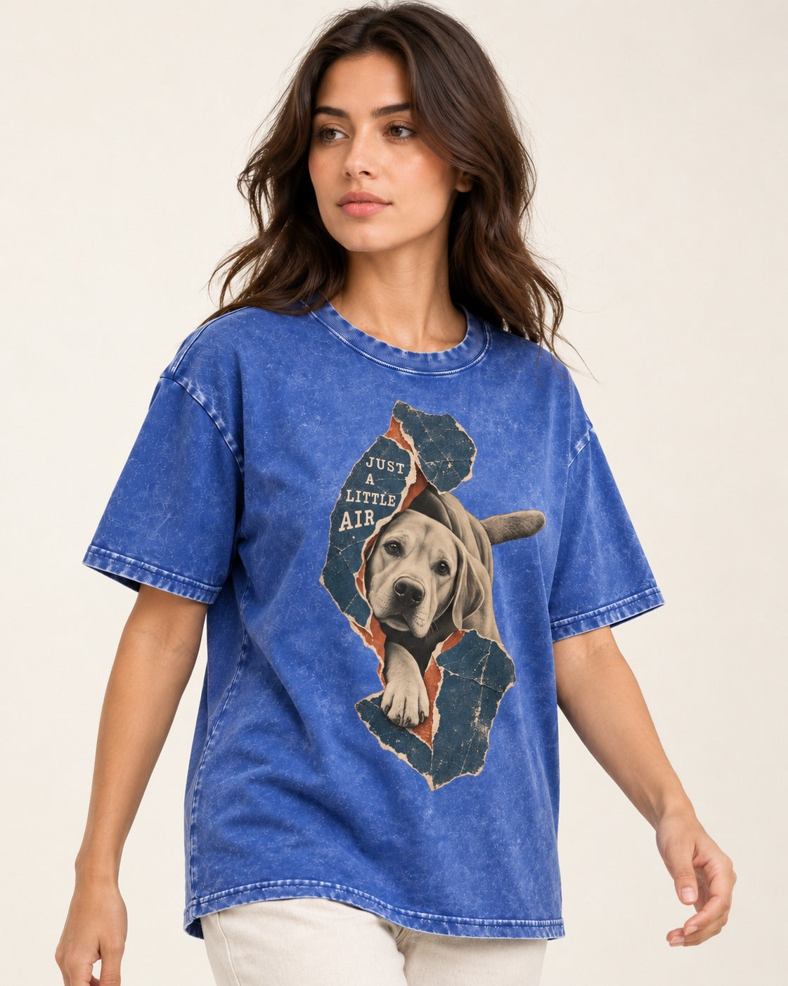 Labrador Retriever Just a Little Air Torn Paper Graphic Washed Tee in Royal Blue, worn by a model