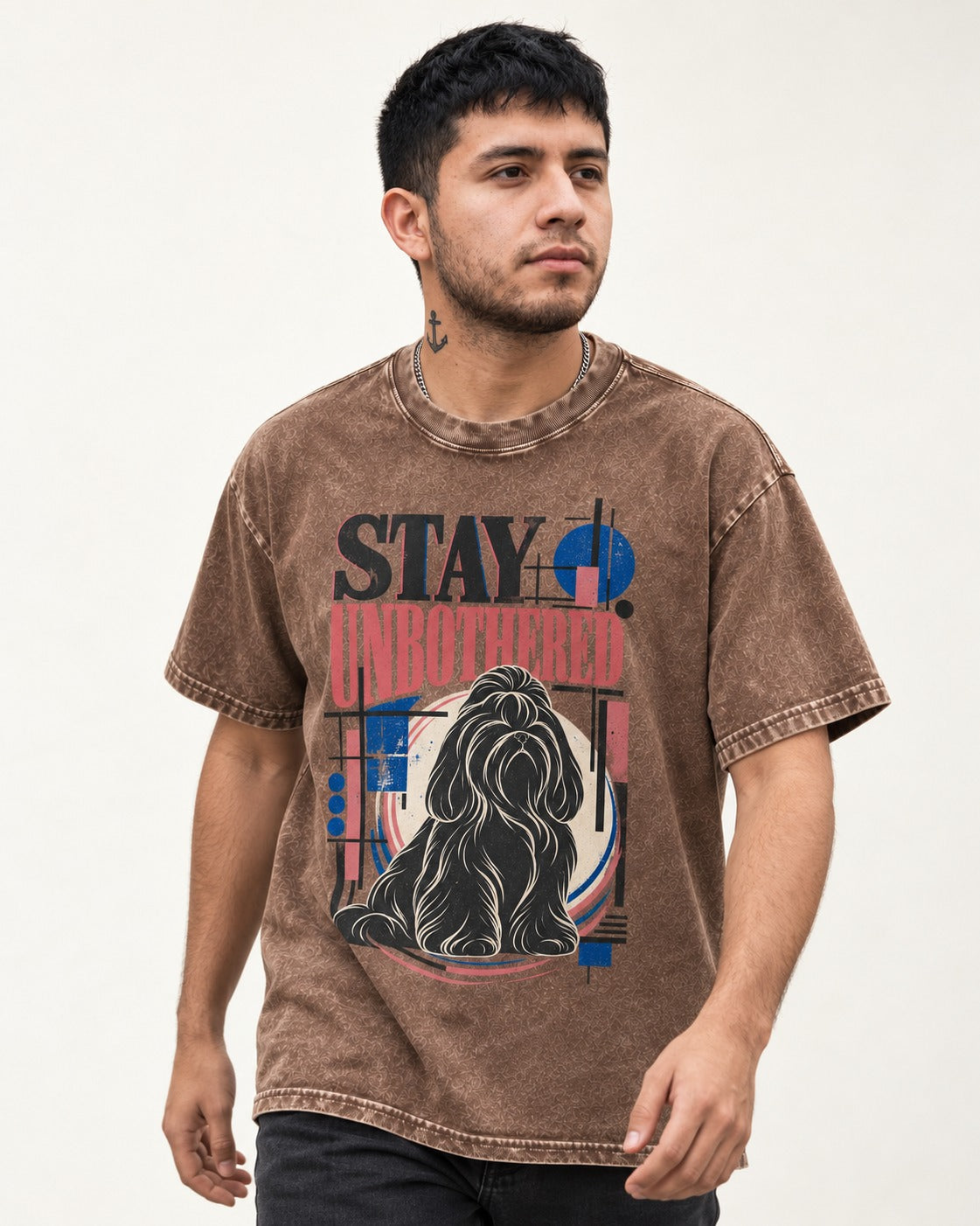 Stay Unbothered Shih Tzu Washed Tee in Coffee, worn by a model