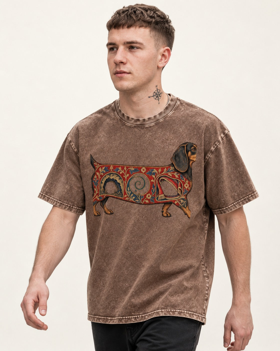 Dachshund Ever After Washed Tee in Coffee, worn by a model