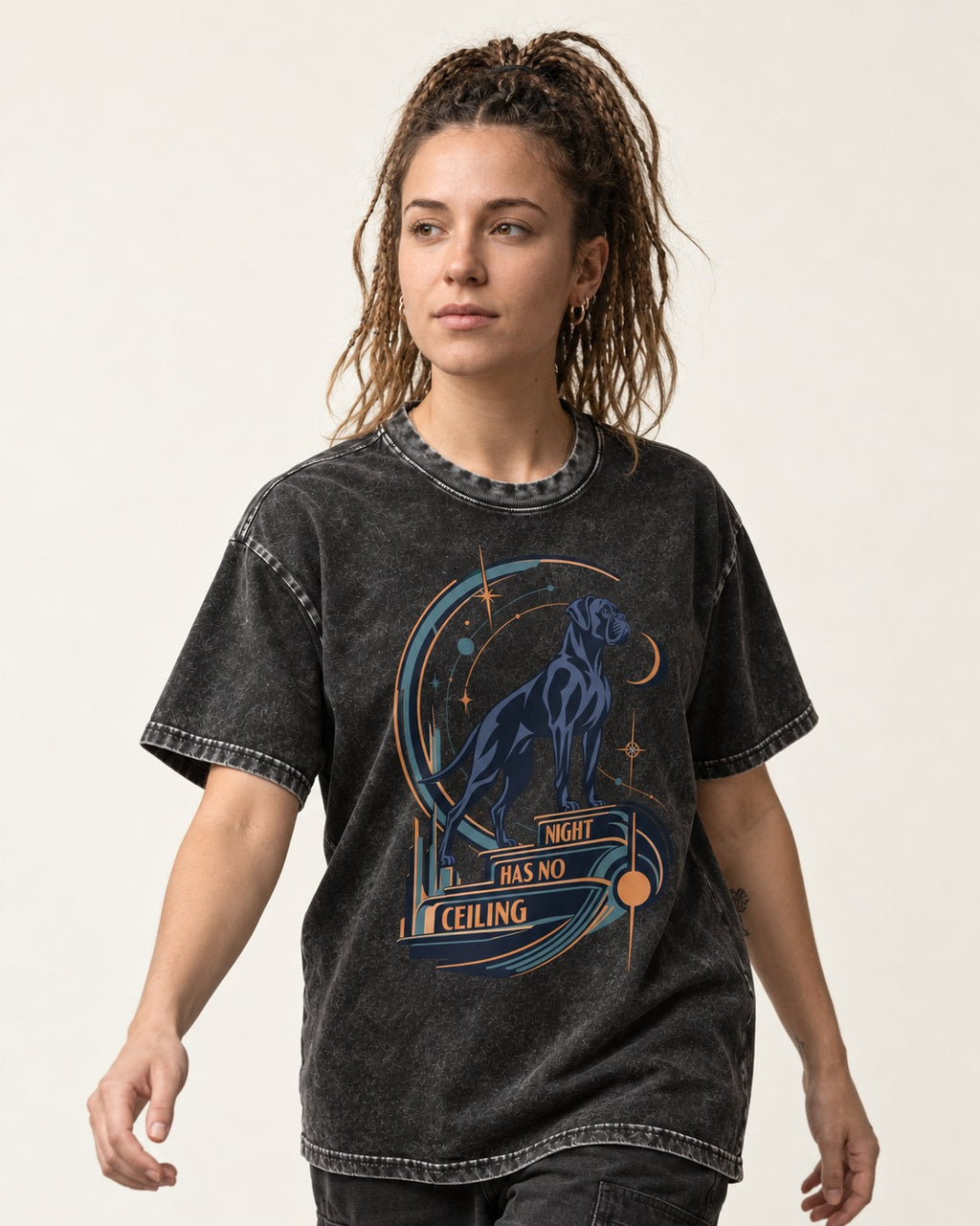 Night Has No Ceiling Boxer Cosmic Graphic Washed Tee in Black, worn by a model