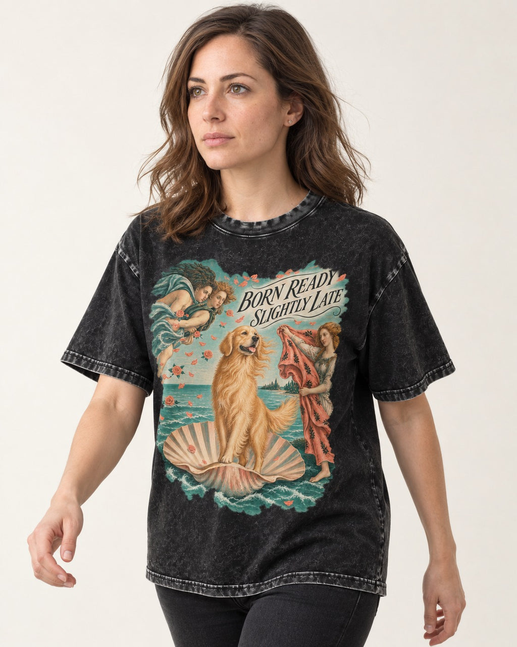 Born Ready Slightly Late Venus Golden Retriever Graphic Washed Tee in Black, worn by a model