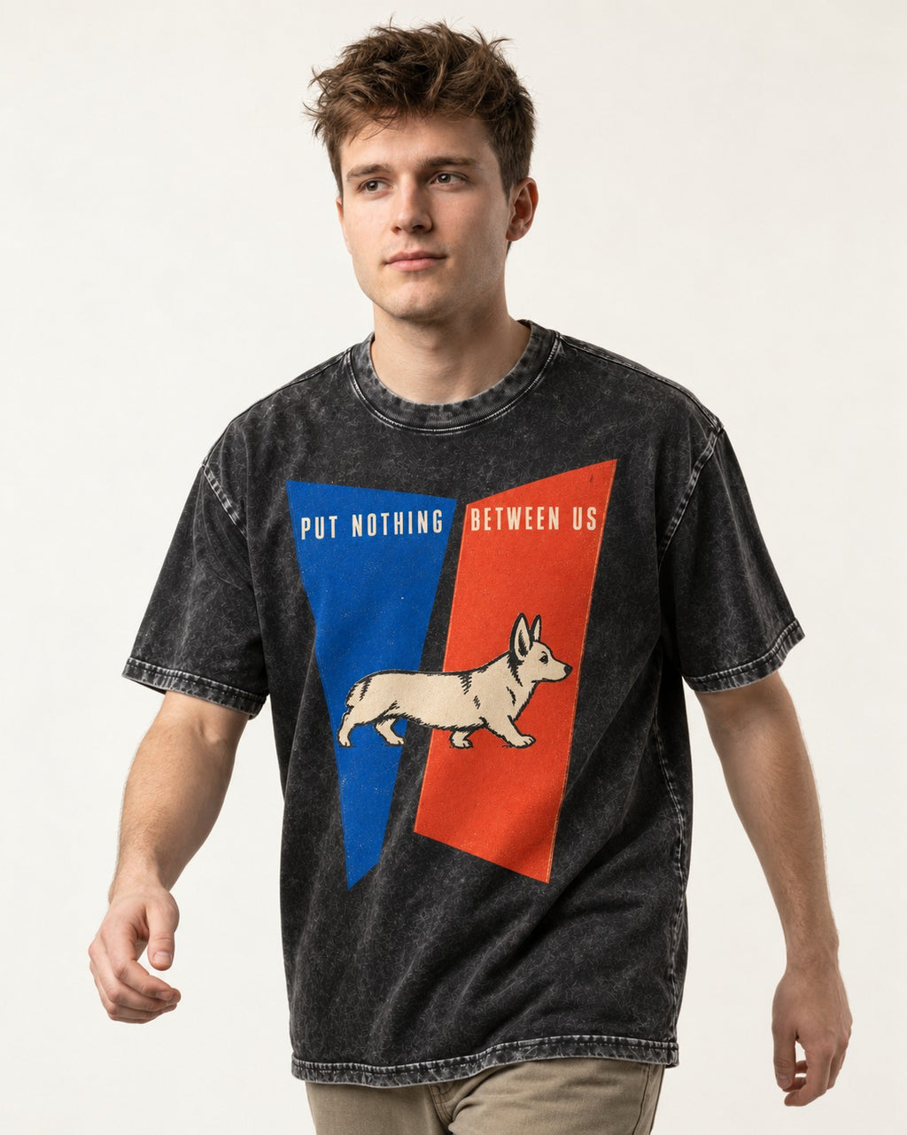 Corgi Put Nothing Between Us Split Panels Washed Tee in Black, worn by a model