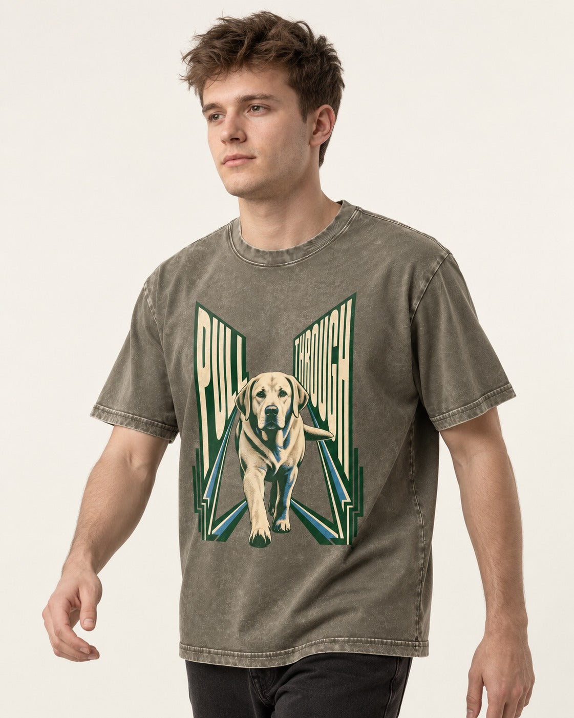 Labrador Retriever Pull Through Perspective Graphic Washed Tee in Army Green, worn by a model