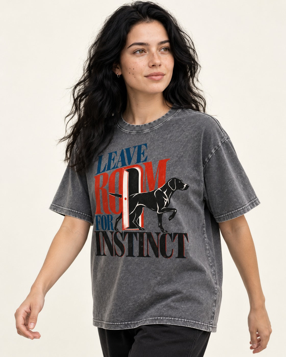 Leave Room for Instinct German Shorthaired Pointer Washed Tee in Gray, worn by a model