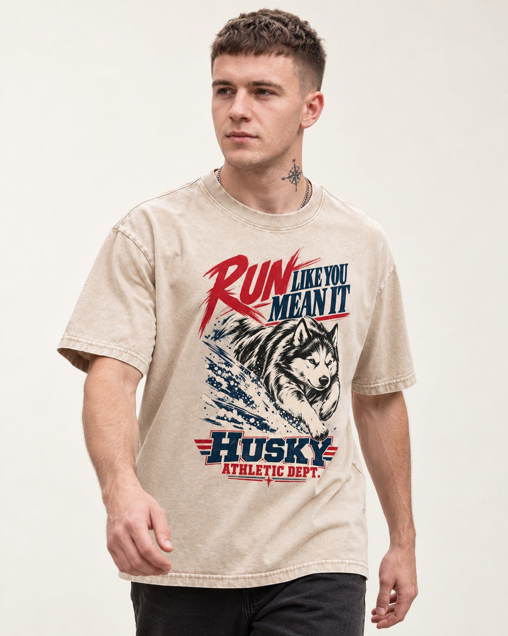Husky Run with Purpose Washed Tee in Apricot, worn by a model