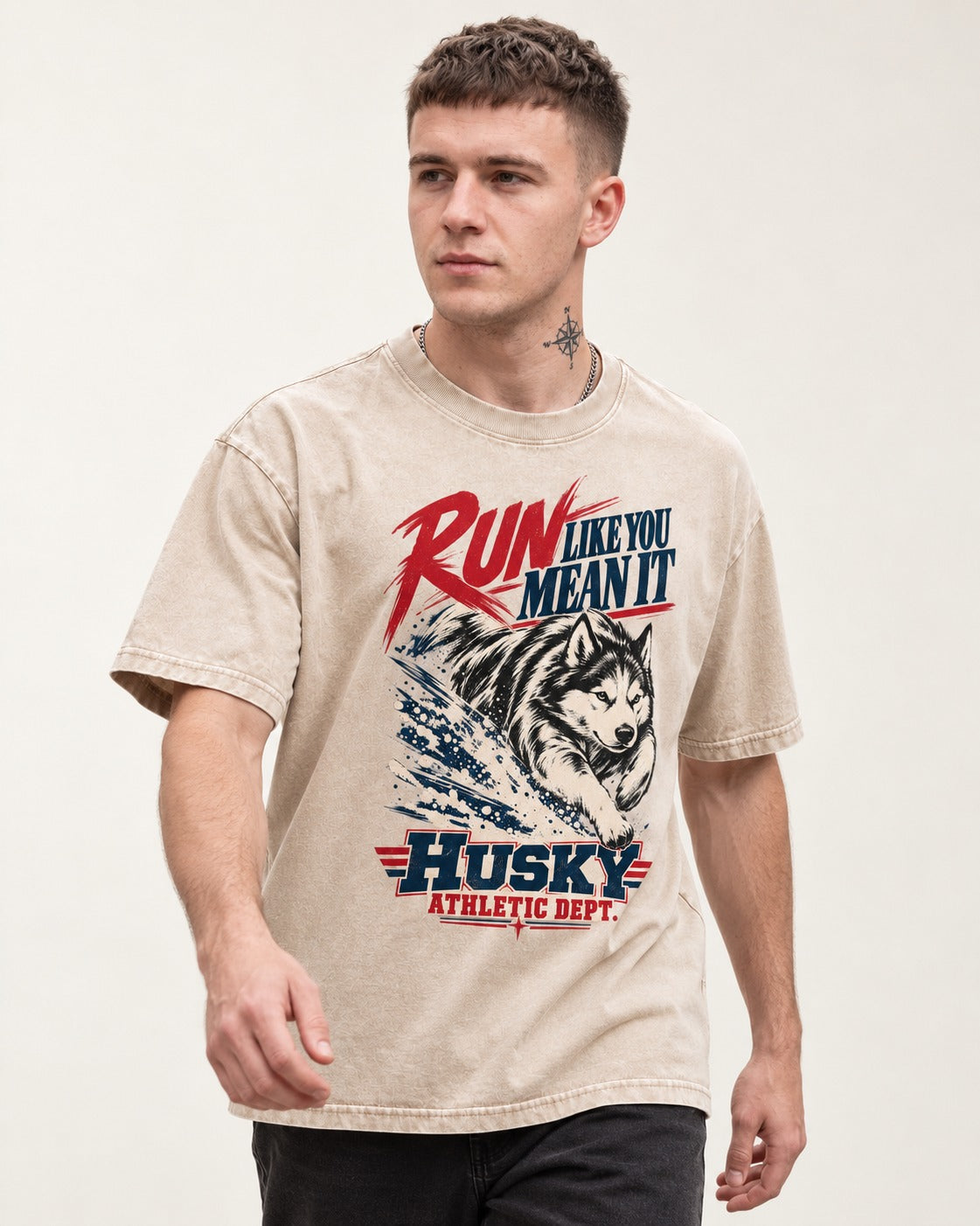 Husky Run with Purpose Washed Tee in Apricot, worn by a model