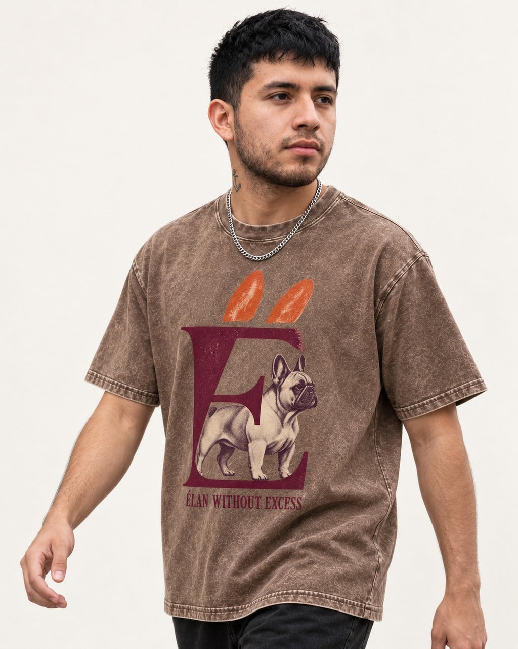 Frenchie Without Excess Washed Tee in Coffee, worn by a model