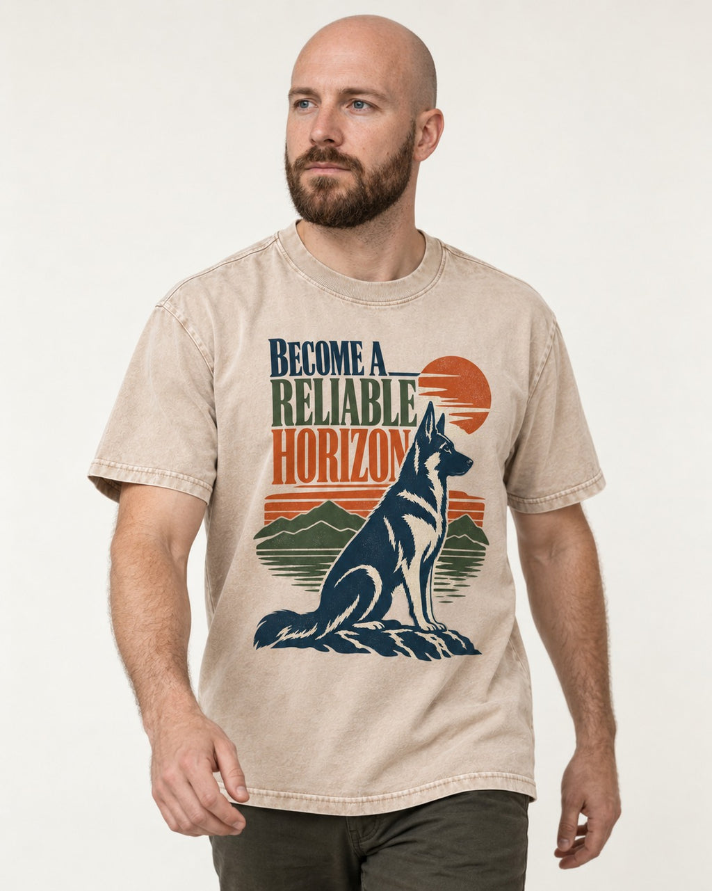 German Shepherd Dog Become a Reliable Horizon Washed Tee in Apricot, worn by a model