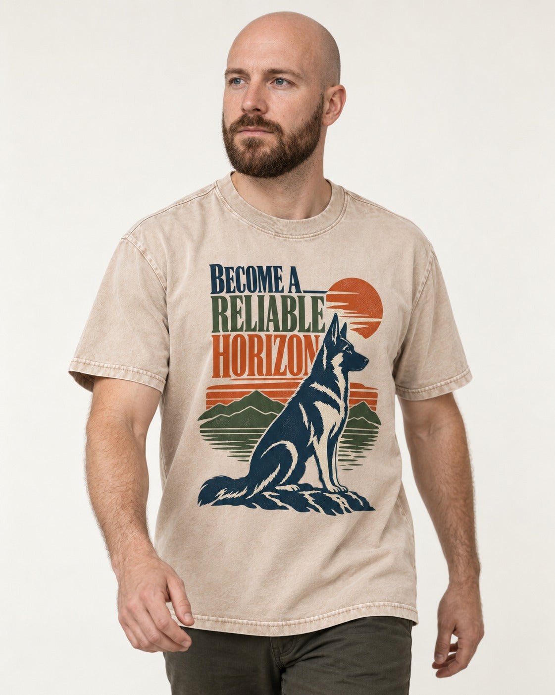 German Shepherd Dog Become a Reliable Horizon Washed Tee in Apricot, worn by a model