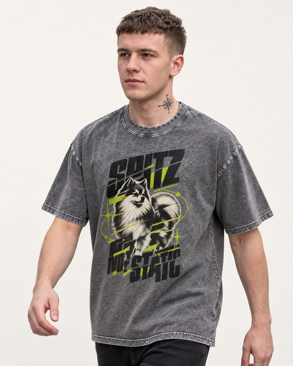 Pomeranian Not Static Washed Tee in Gray, worn by a model