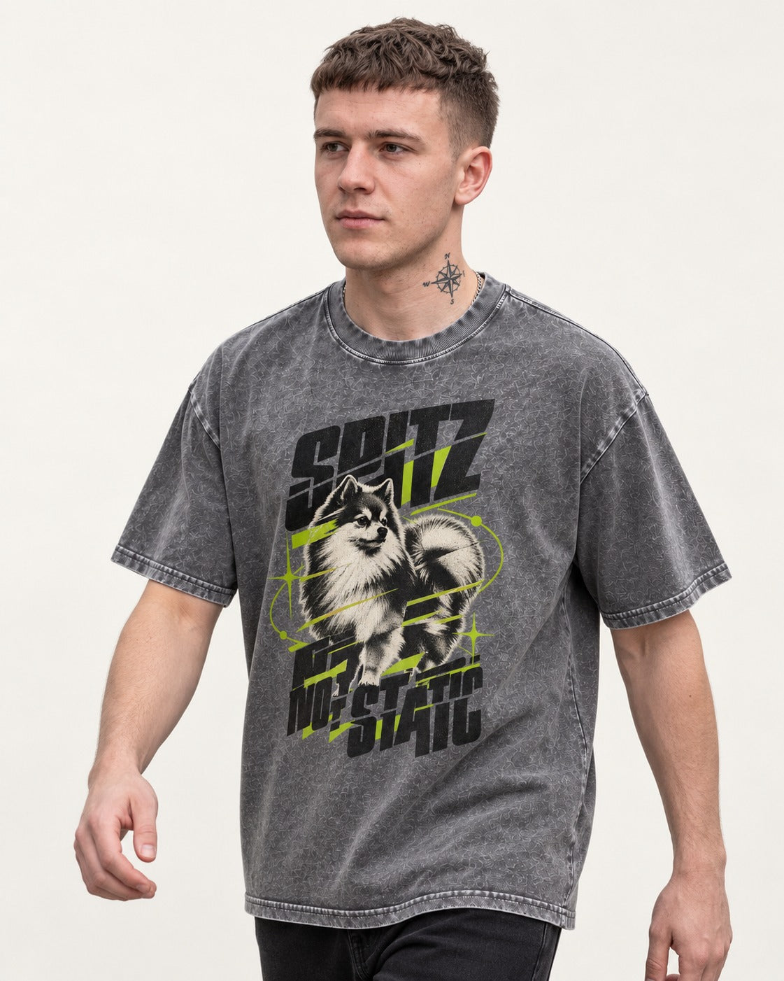 Pomeranian Not Static Washed Tee in Gray, worn by a model