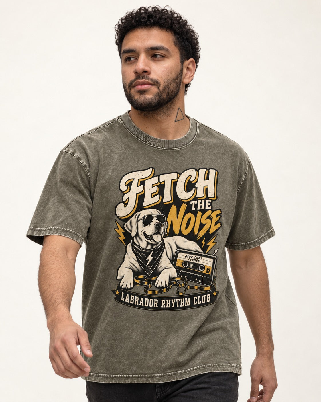 Labrador Retriever Fetch the Noise Rhythm Club DJ Graphic Washed Tee in Army Green, worn by a model