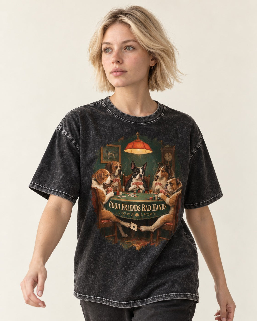 Good Friends Bad Hands Boston Terrier Poker Night Washed Tee in Black, worn by a model