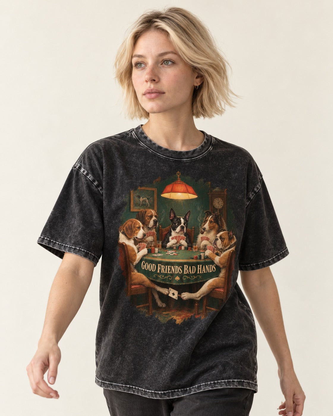 Good Friends Bad Hands Boston Terrier Poker Night Washed Tee in Black, worn by a model