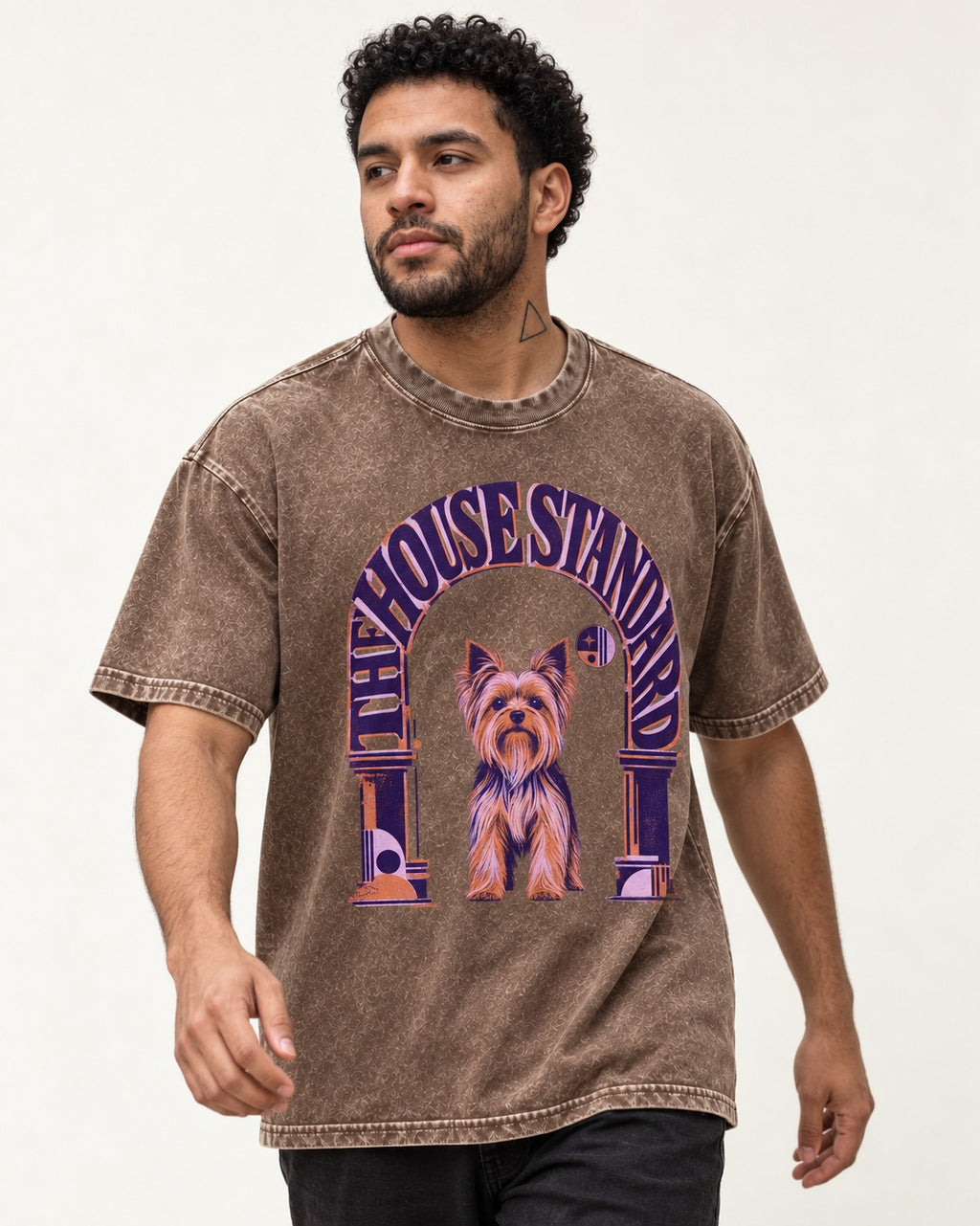 The Yorkshire Terrier House Standard Washed Tee in Coffee, worn by a model