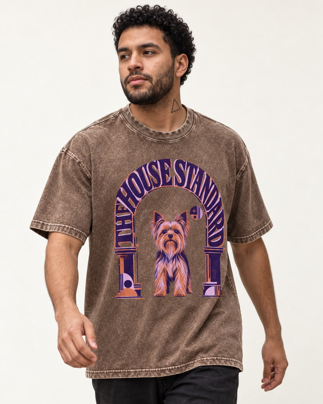 The Yorkshire Terrier House Standard Washed Tee in Coffee, worn by a model
