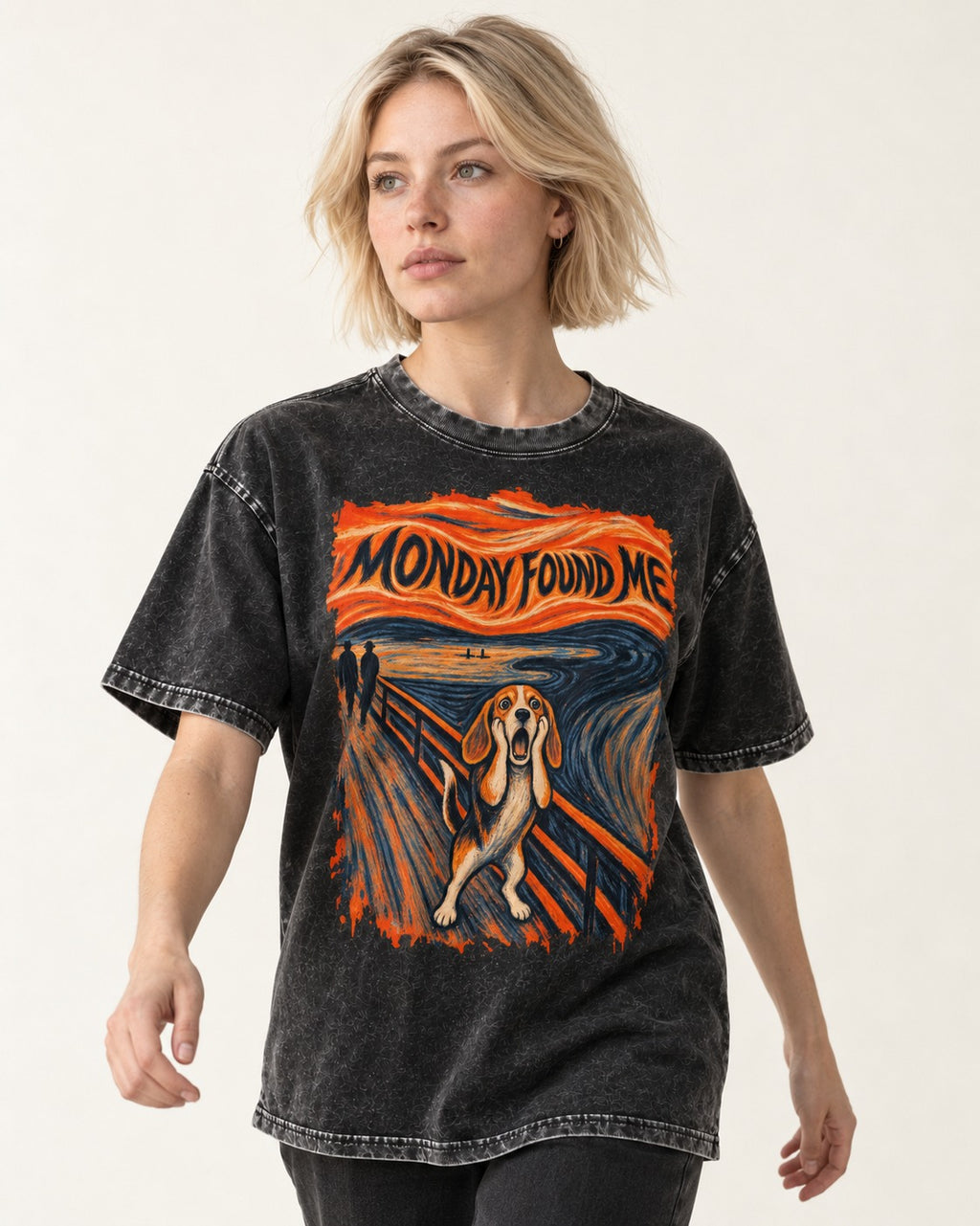 Monday Found Me Beagle Scream Scene Washed Tee in Black, worn by a model