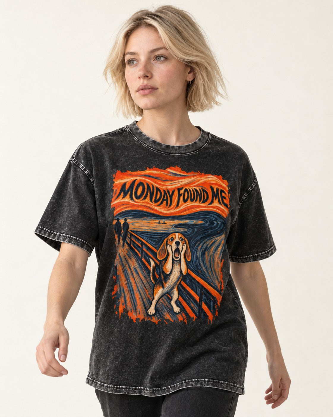 Monday Found Me Beagle Scream Scene Washed Tee in Black, worn by a model