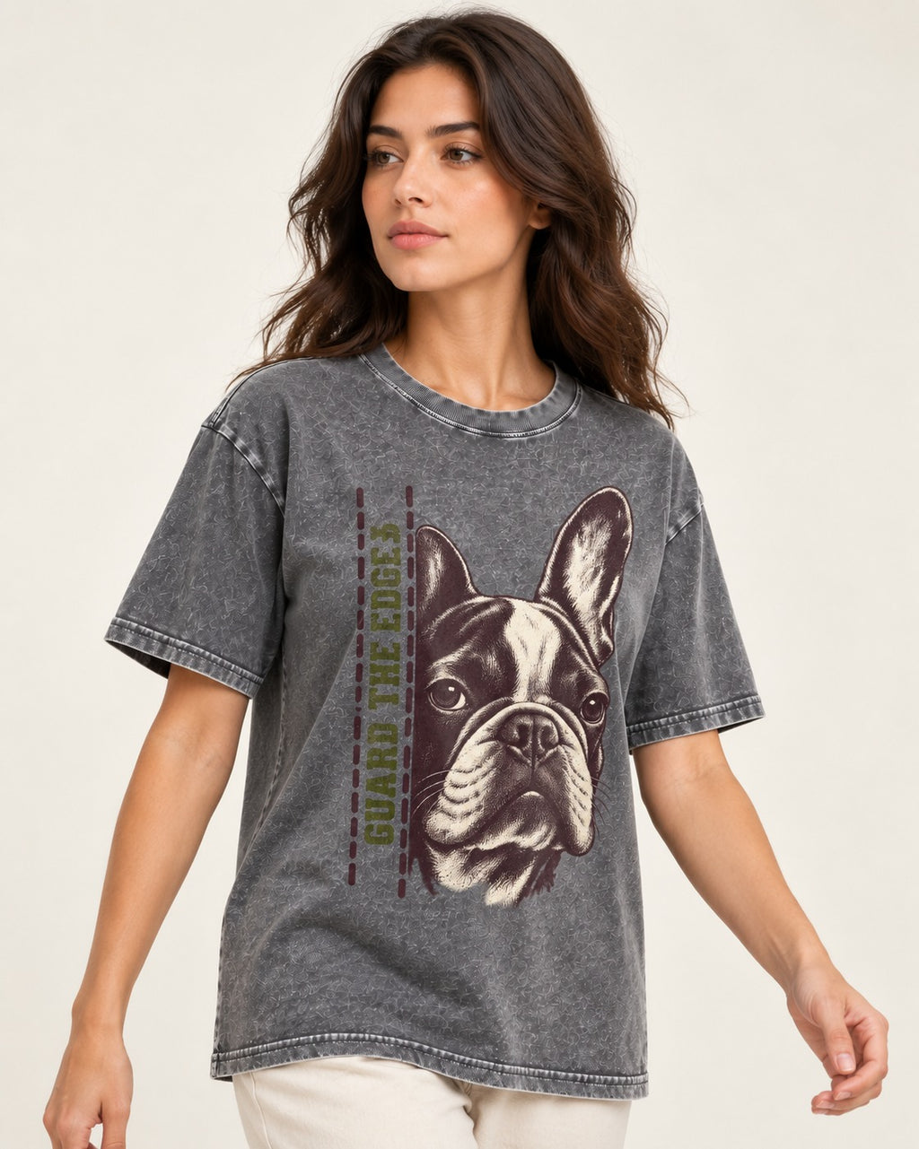 Frenchie Guard the Edge Washed Tee in Gray, worn by a model