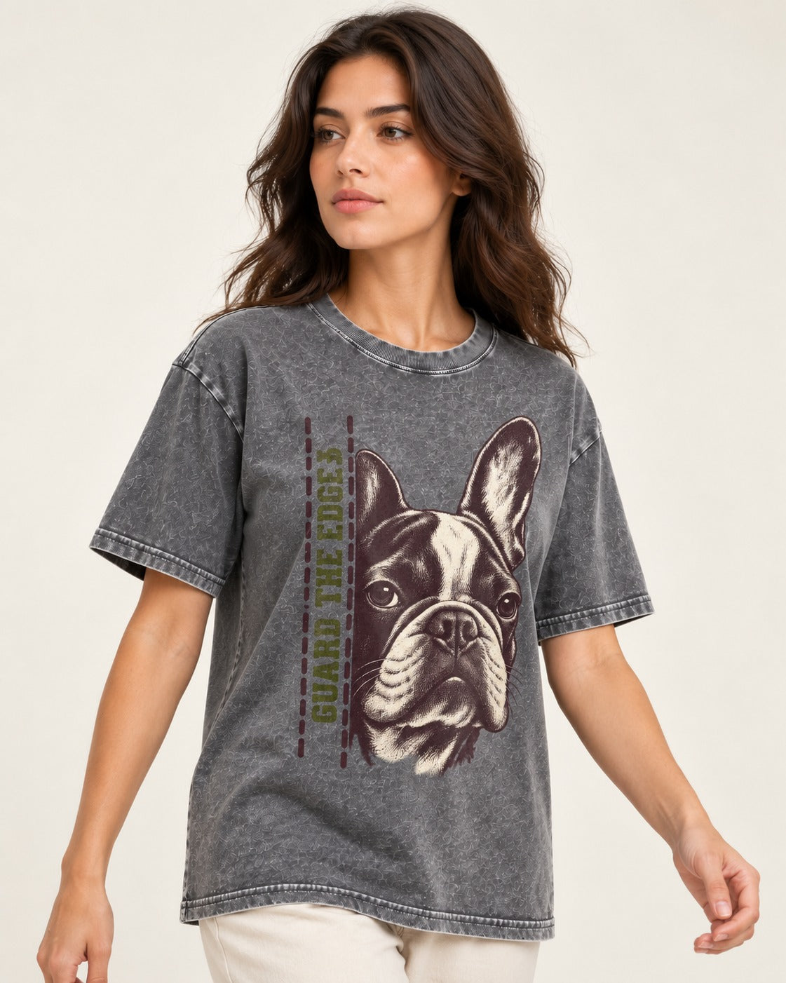 Frenchie Guard the Edge Washed Tee in Gray, worn by a model