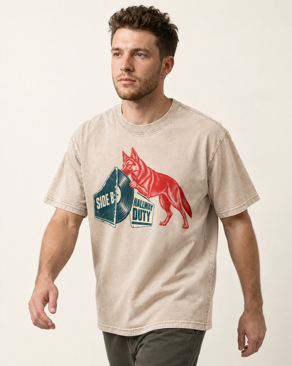 Side B Hallway Duty Vinyl Record German Shepherd Dog Graphic Washed Tee in Apricot, worn by a model