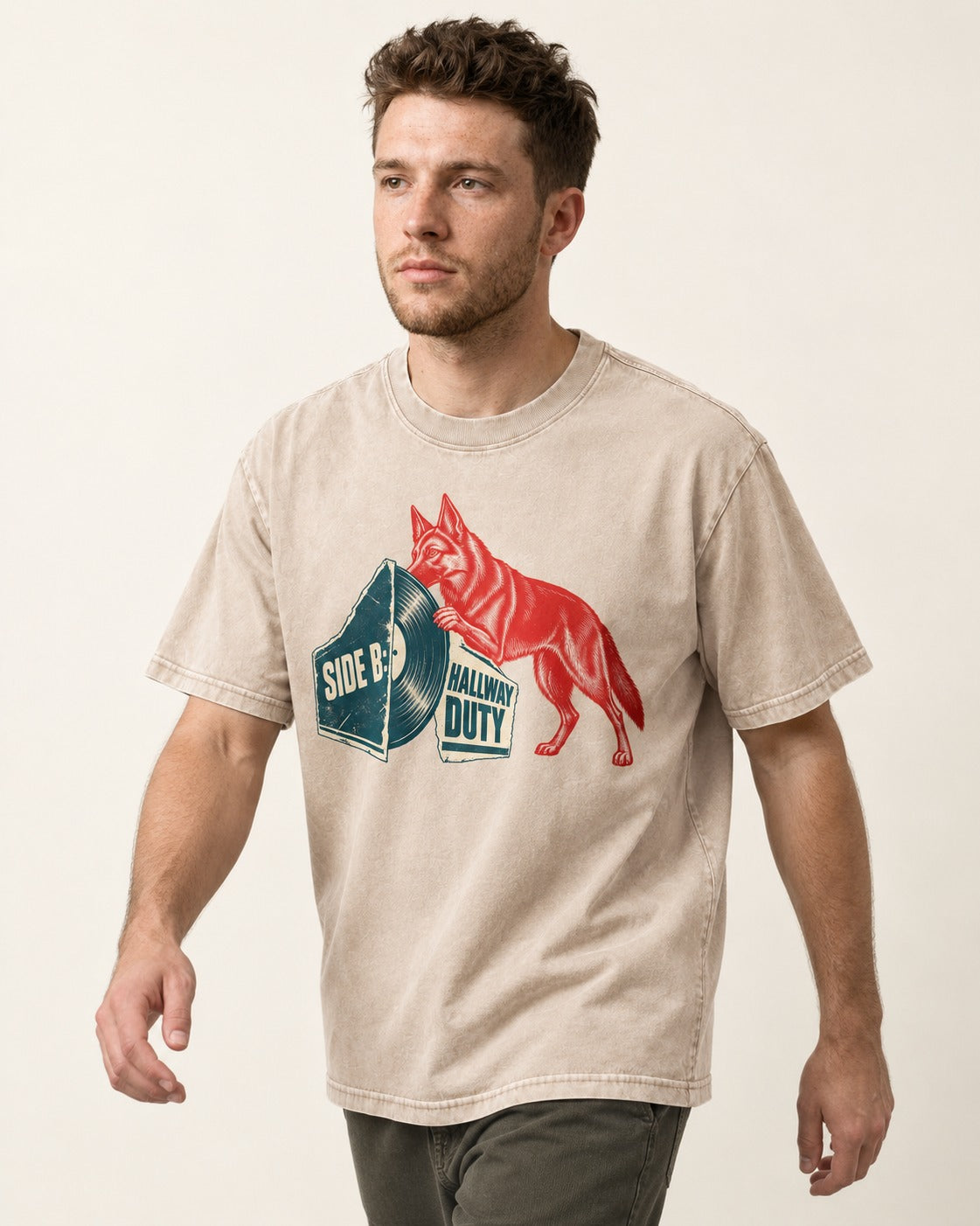 Side B Hallway Duty Vinyl Record German Shepherd Dog Graphic Washed Tee in Apricot, worn by a model