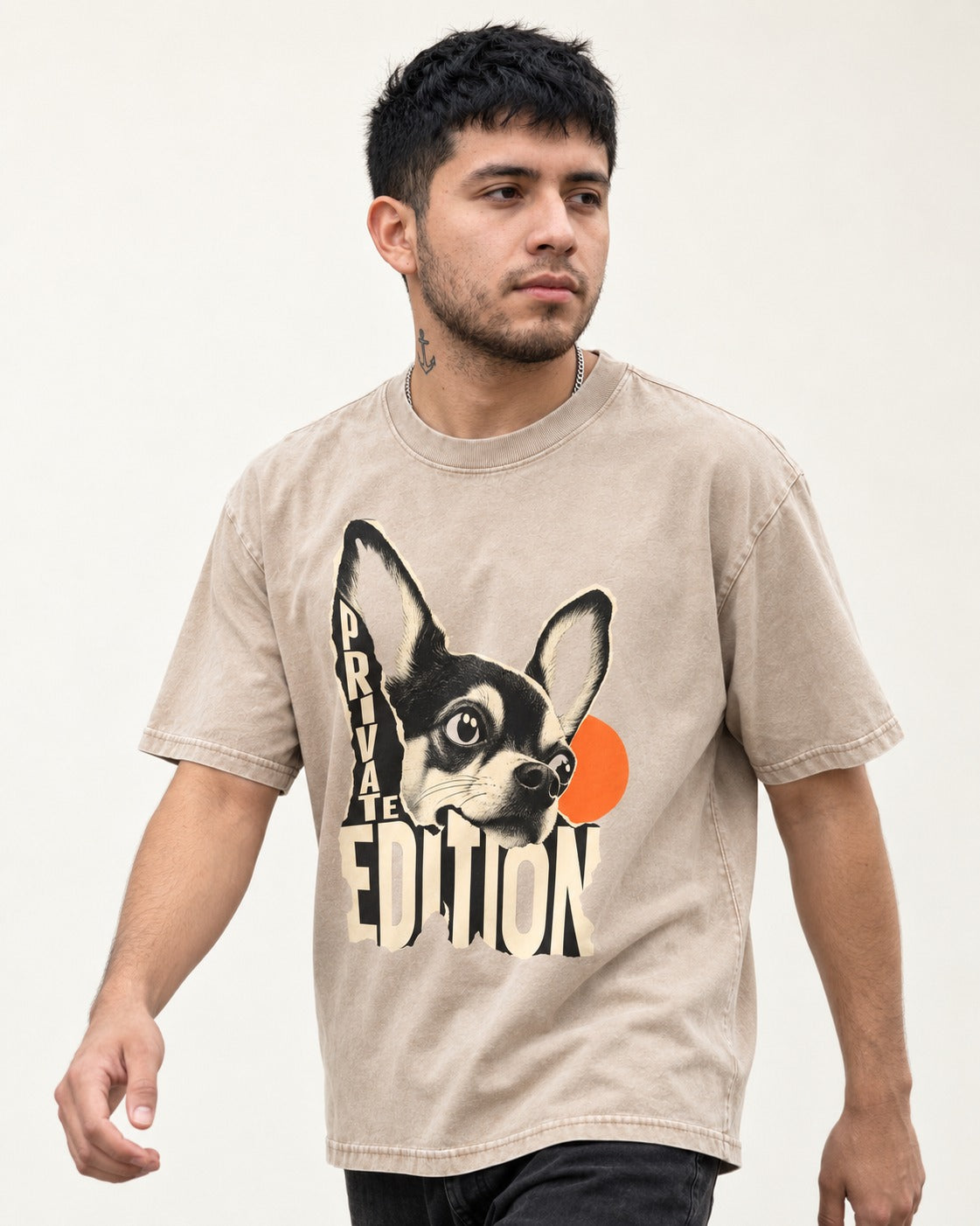 Chihuahua Private Edition Cut-Paper Portrait Washed Tee in Apricot, worn by a model