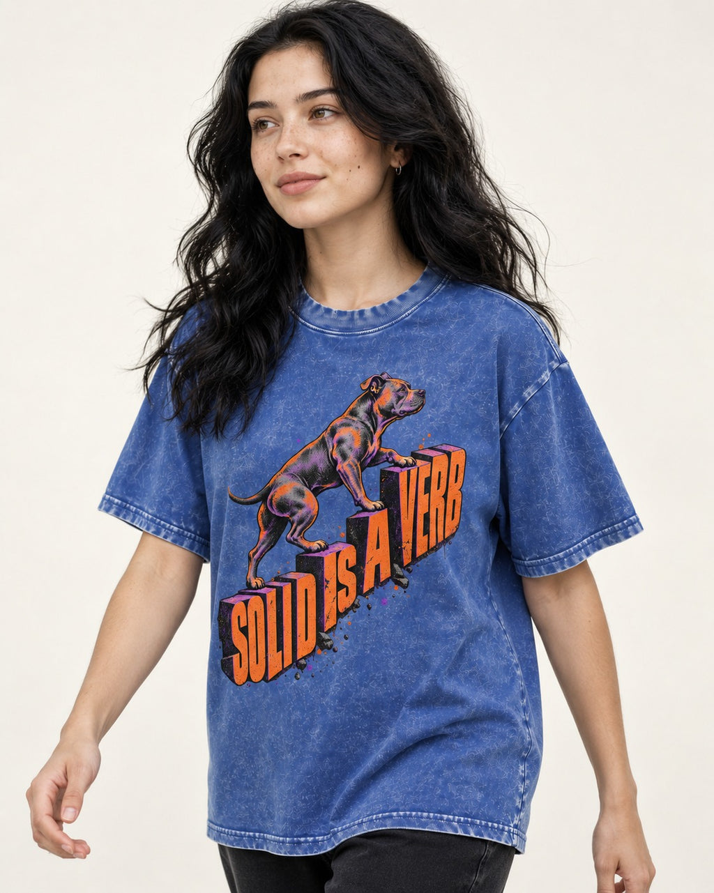 Pitbull Solid Is a Verb Step Type Graphic Washed Tee in Royal Blue, worn by a model