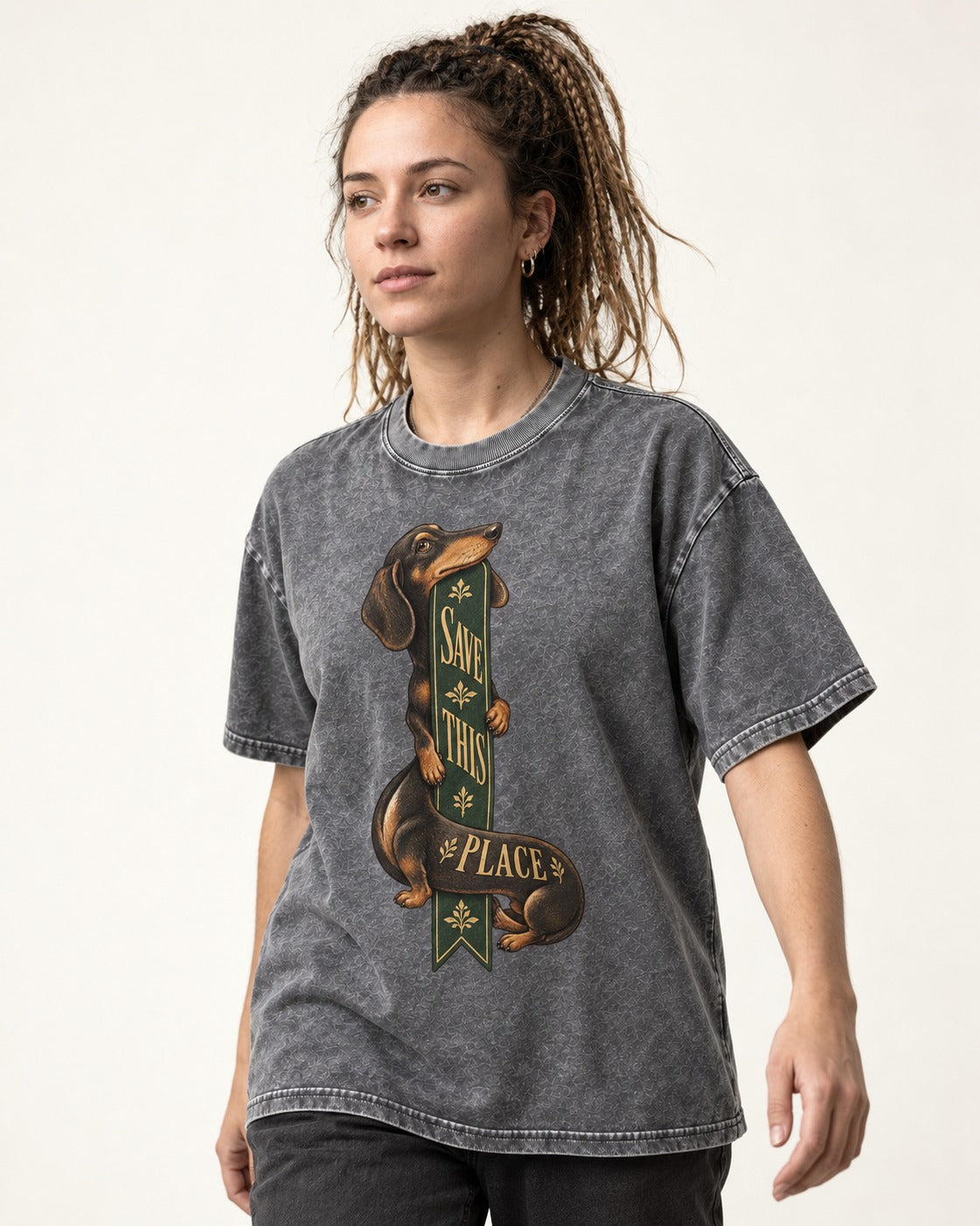 Save This Place Dachshund Washed Tee in Gray, worn by a model