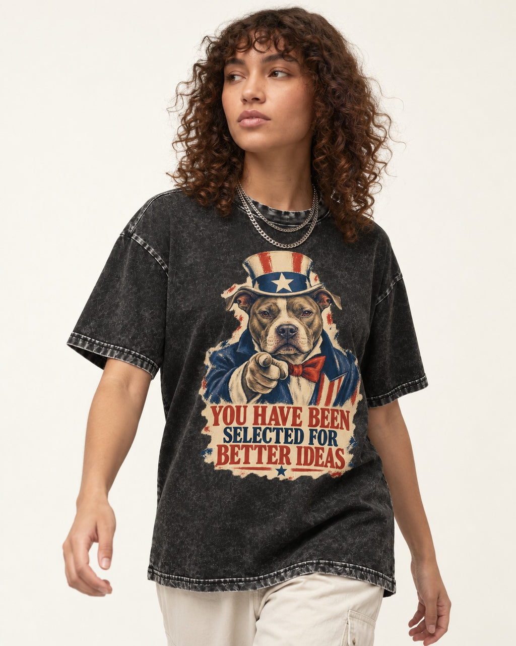 Pitbull You Have Been Selected for Better Ideas Uncle Sam Graphic Washed Tee in Black, worn by a model