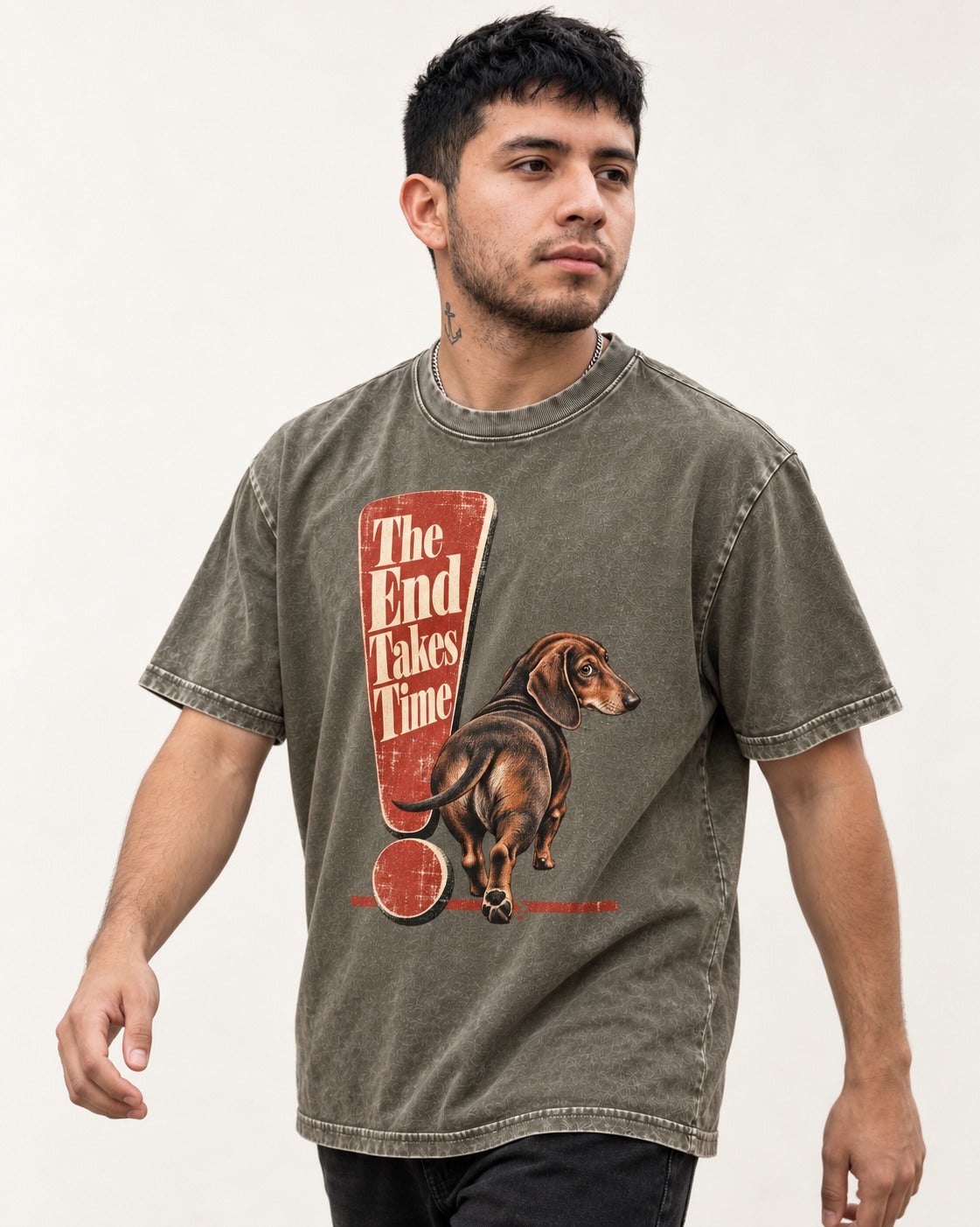 Dachshund The End Takes Time Exclamation Mark Graphic Washed Tee in Army Green, worn by a model