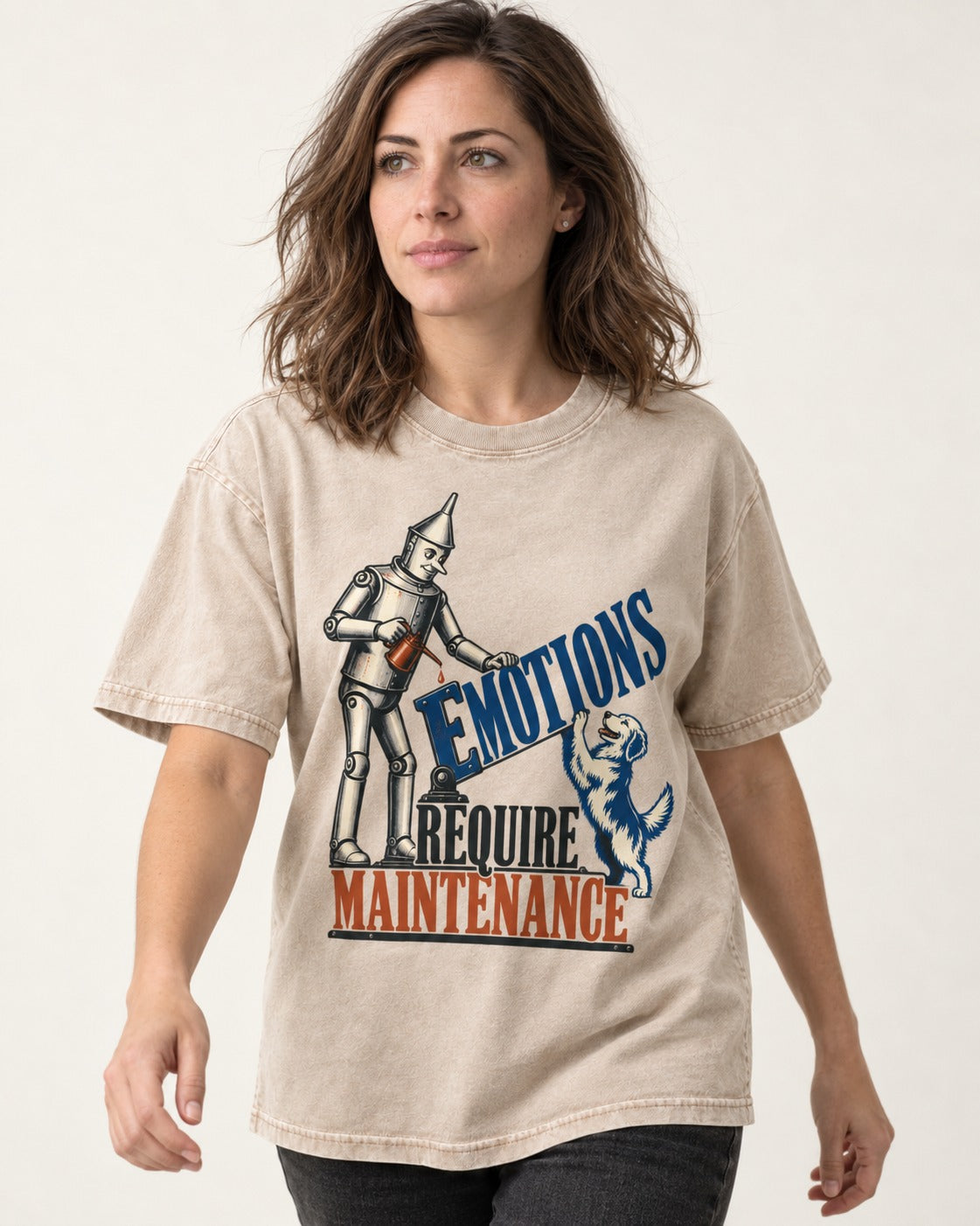 Golden Retriever Emotions Require Maintenance Washed Tee in Apricot, worn by a model
