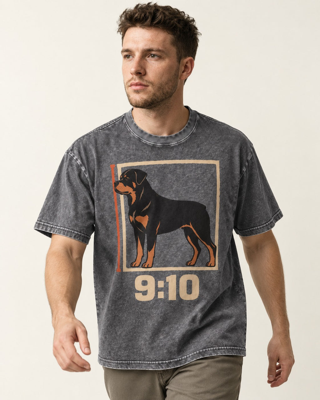 Nine Ten Rottweiler Proportion Frame Graphic Washed Tee in Gray, worn by a model