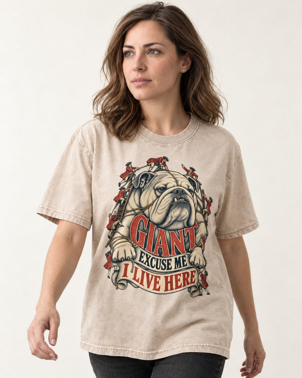 English Bulldog I Live Here Washed Tee in Apricot, worn by a model