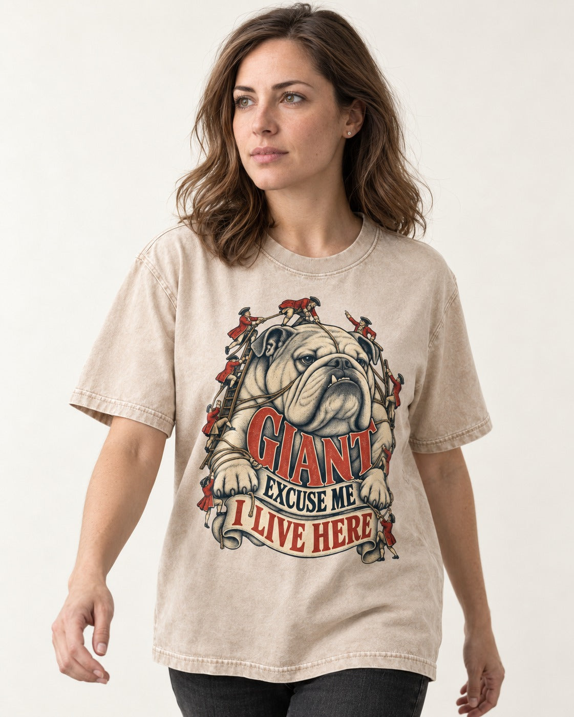 English Bulldog I Live Here Washed Tee in Apricot, worn by a model