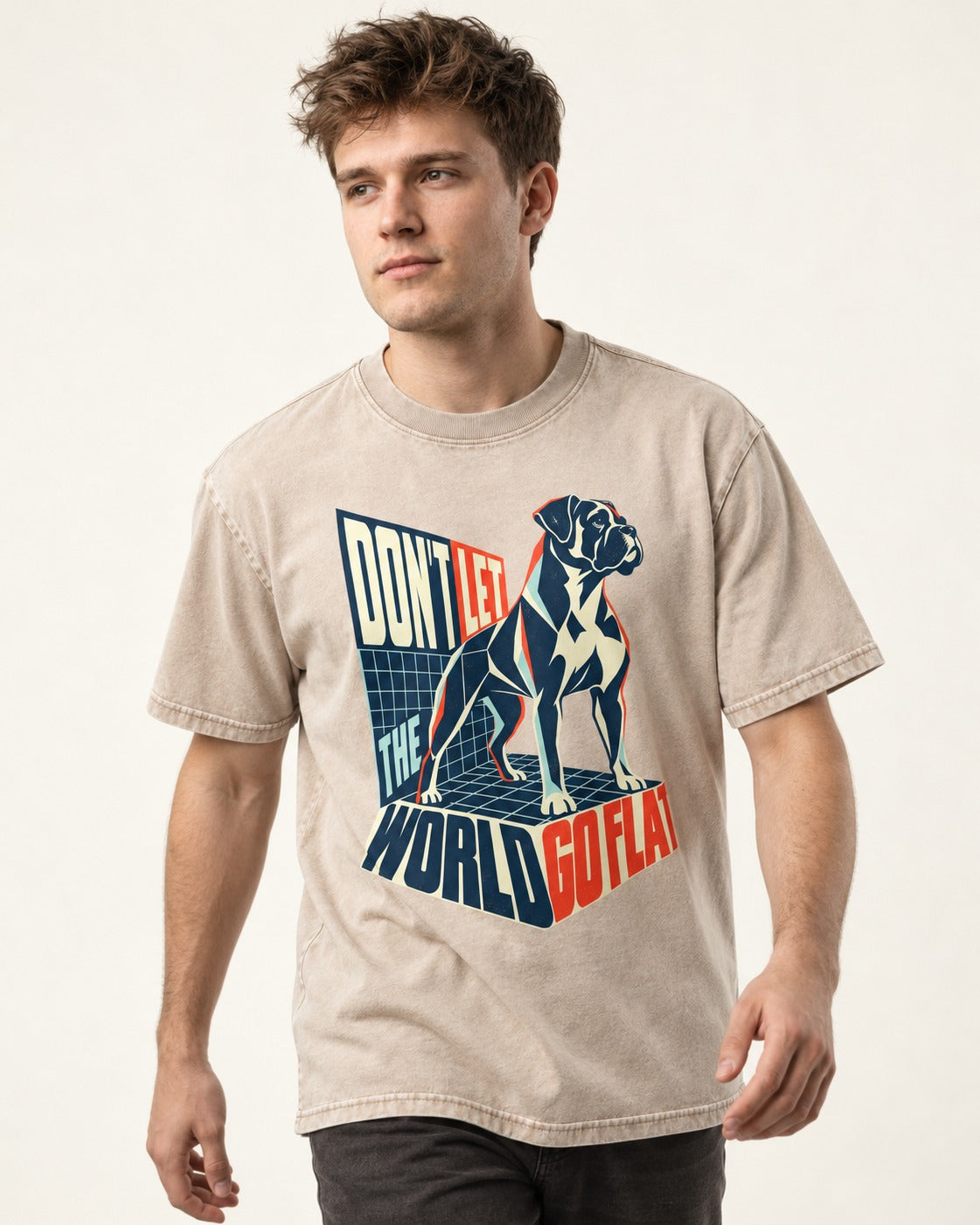 Don't Let the World Go Flat Boxer Perspective Grid Graphic Washed Tee in Apricot, worn by a model