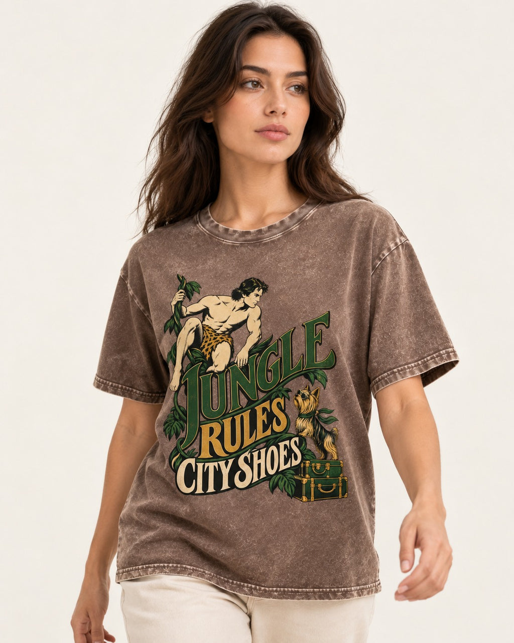 Jungle Rules City Shoes Yorkshire Terrier Washed Tee in Coffee, worn by a model