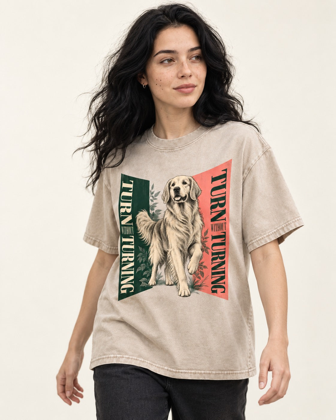 Golden Retriever Turn Without Turning Gateway Graphic Washed Tee in Apricot, worn by a model