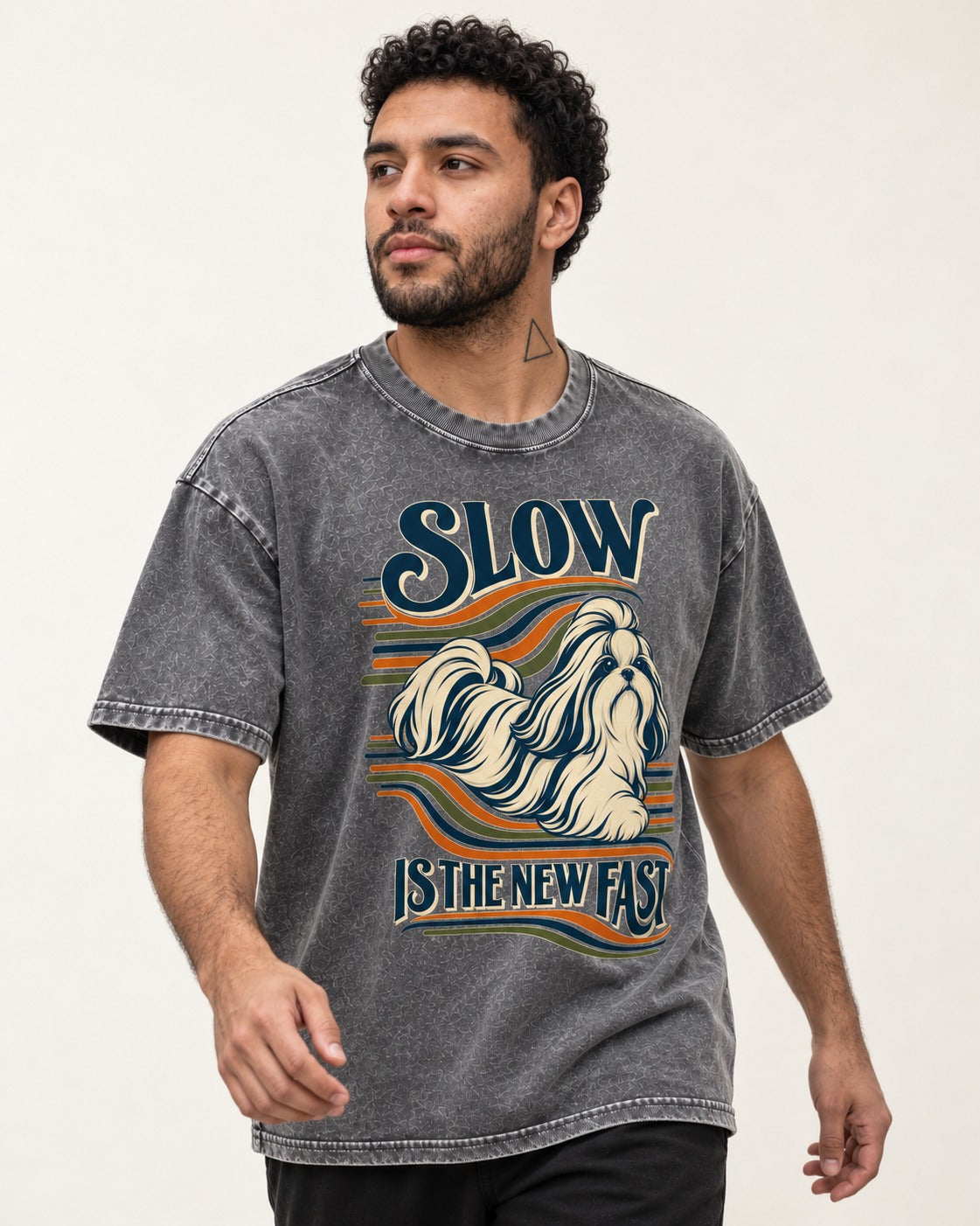 Slow Is Fast Shih Tzu Washed Tee in Gray, worn by a model