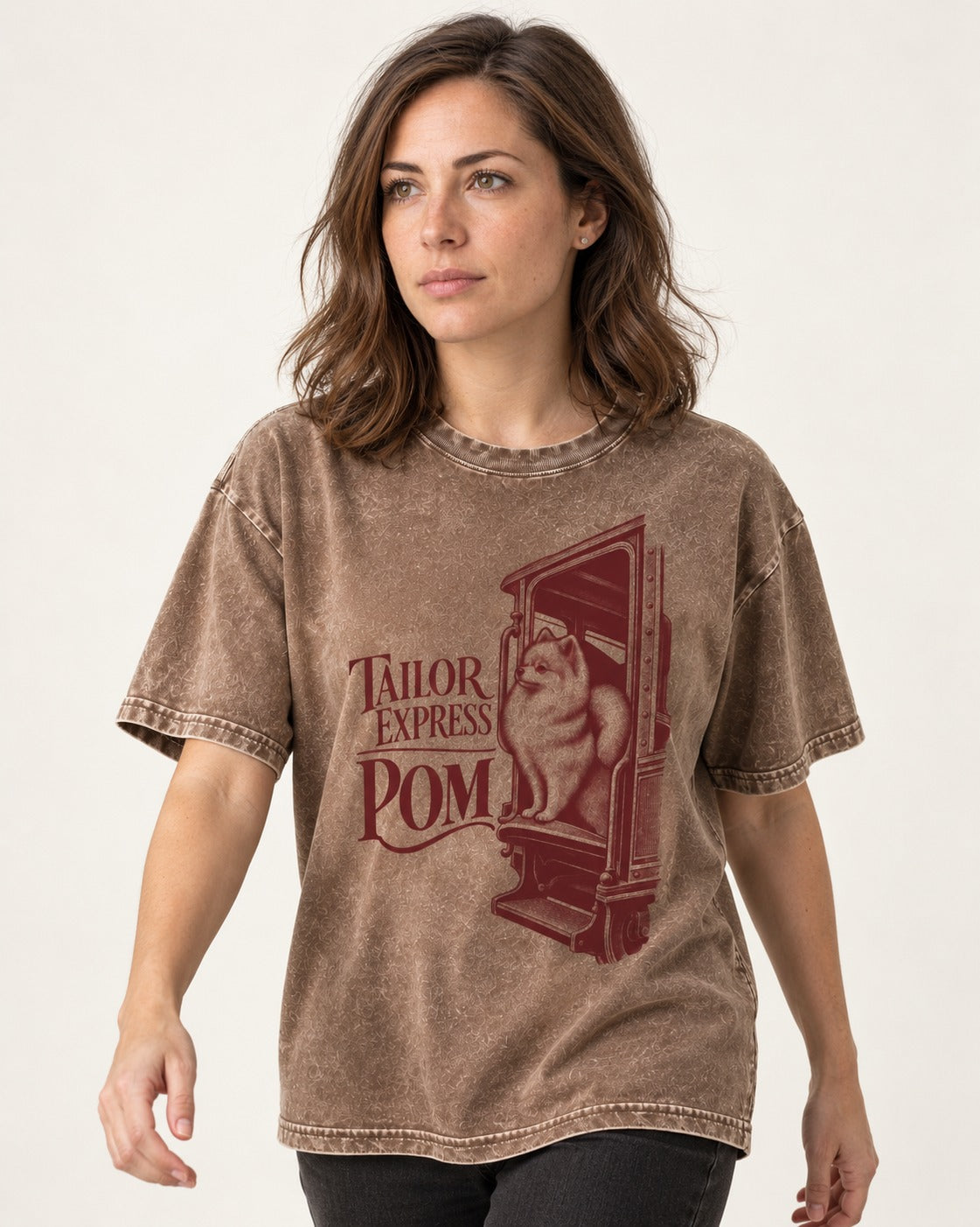 Pomeranian Express Washed Tee in Coffee, worn by a model
