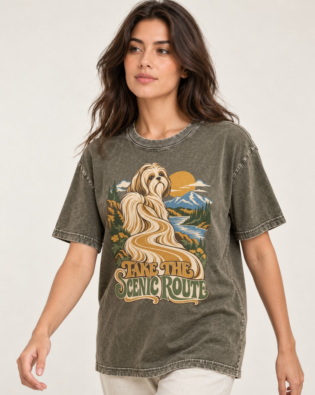 Shih Tzu Take the Scenic Route Mountain Vista Graphic Washed Tee in Army Green, worn by a model
