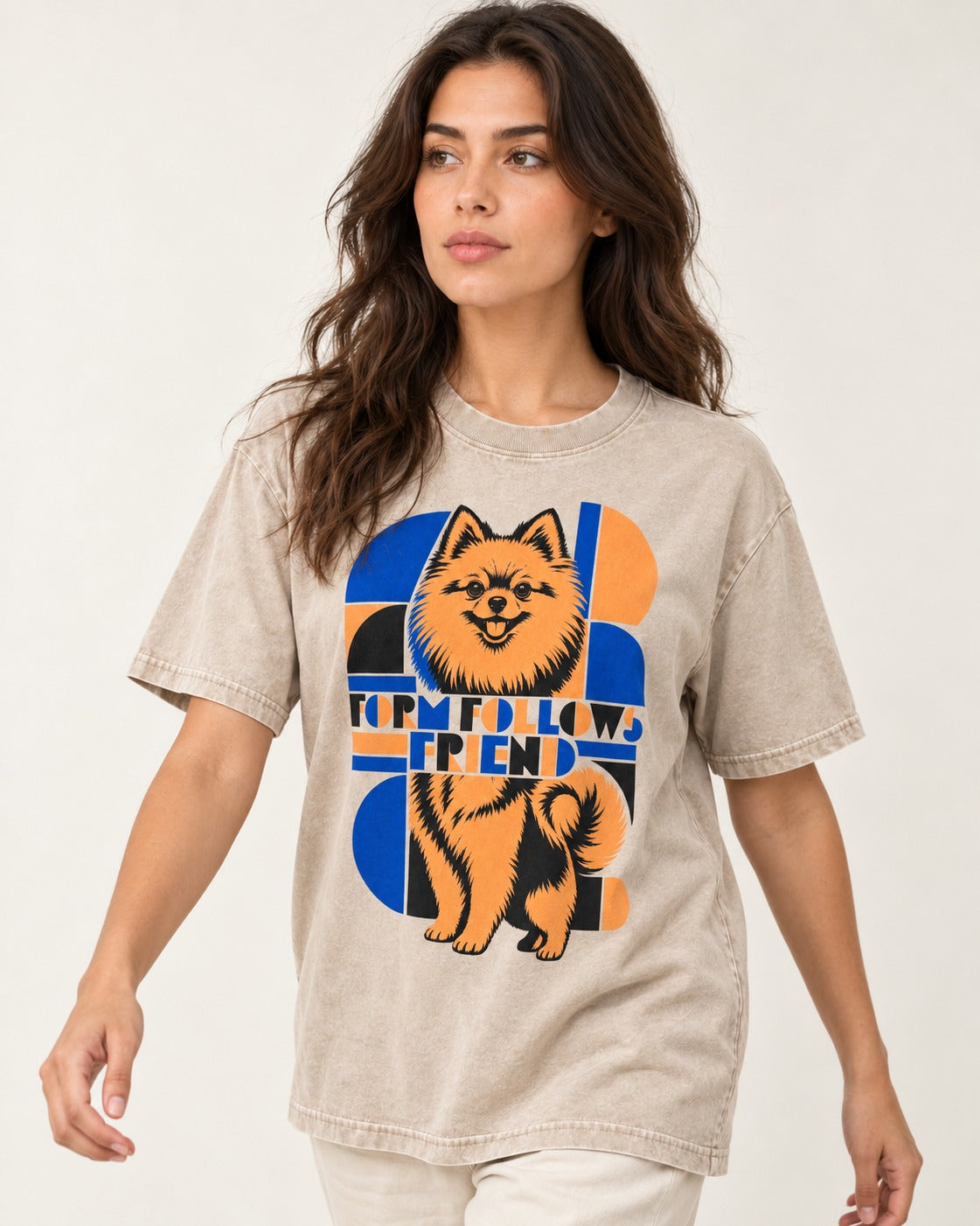 Form Follows Pomeranian Friend Washed Tee in Apricot, worn by a model