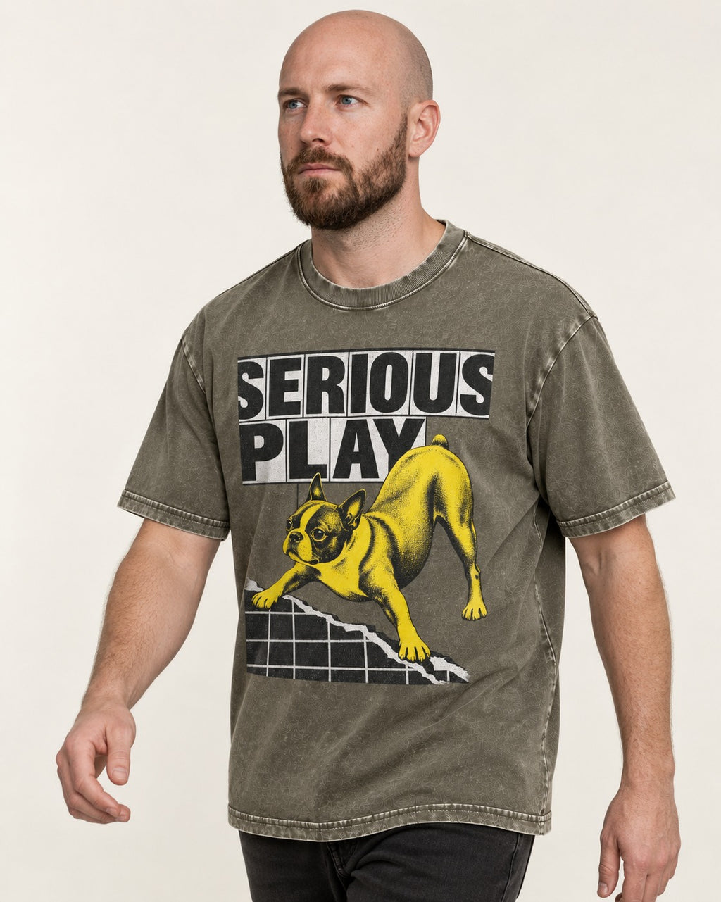 Boston Terrier Serious Play Agility Graphic Washed Tee in Army Green, worn by a model