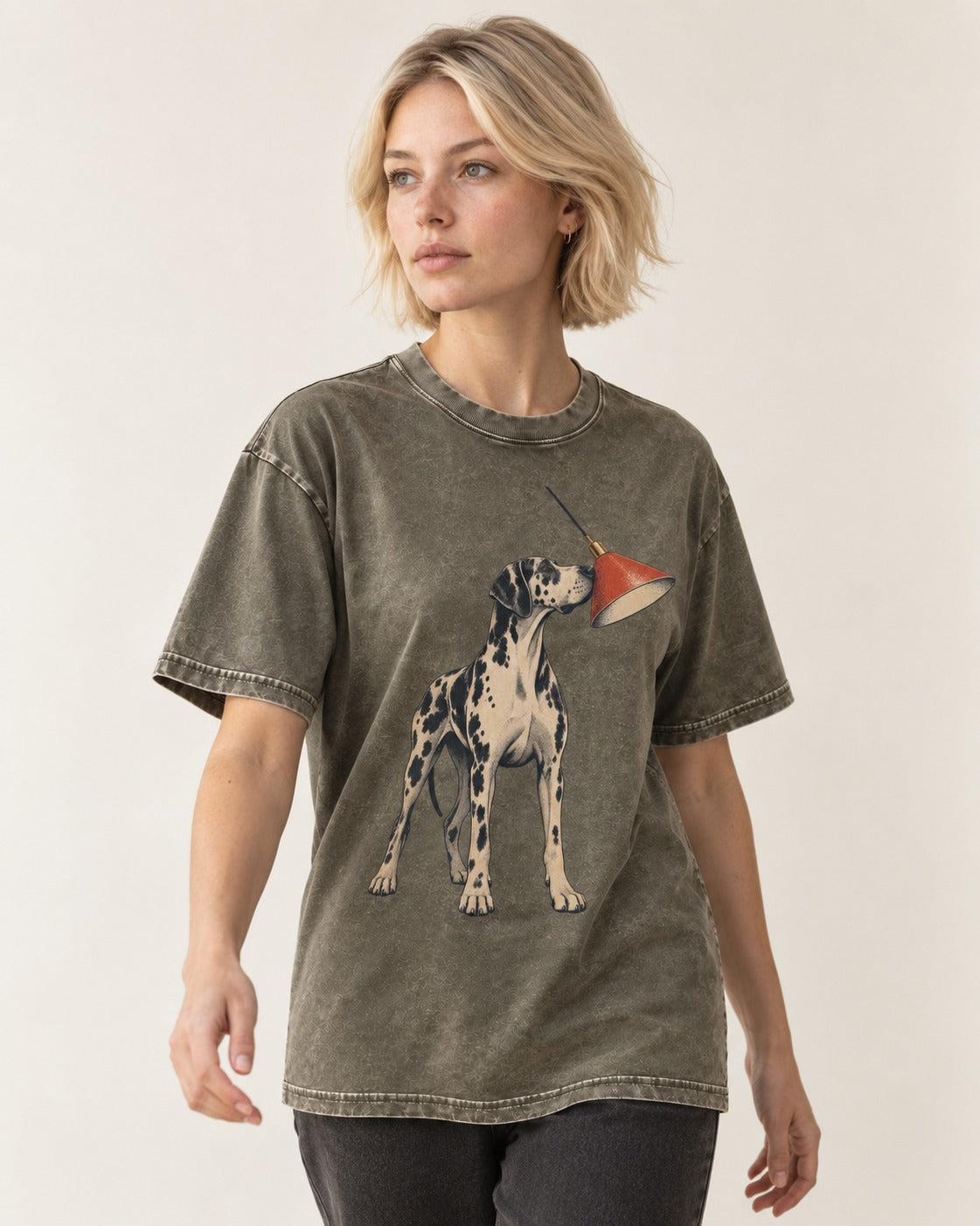 Great Dane Inspecting Hanging Lamp Graphic Washed Tee in Army Green, worn by a model