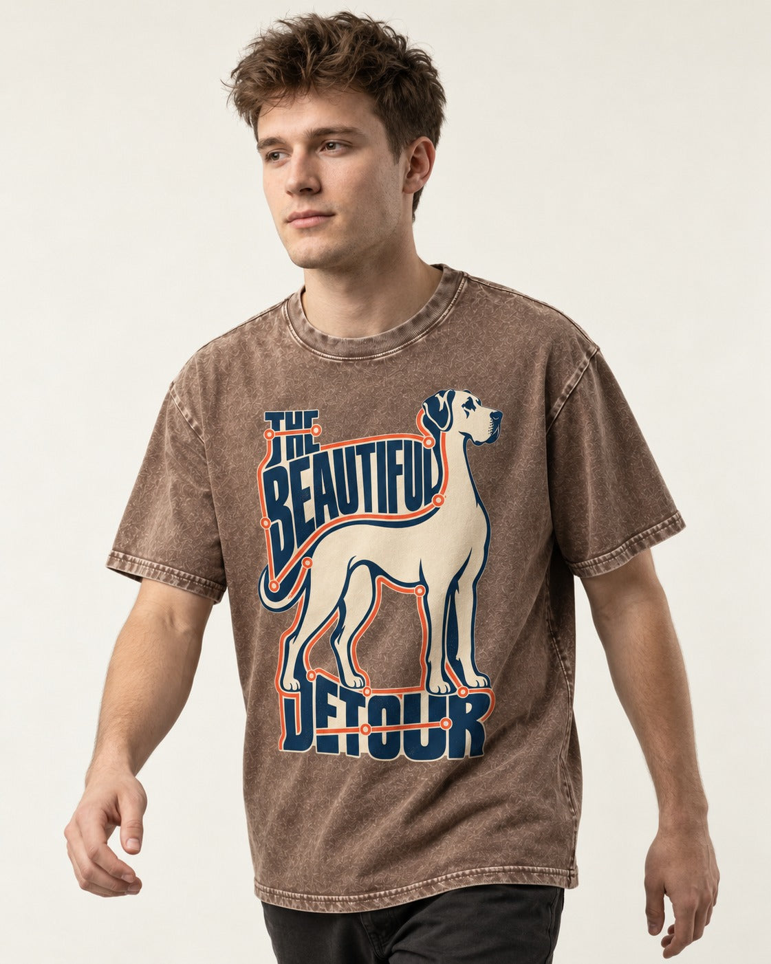 Great Dane's Beautiful Detour Washed Tee in Coffee, worn by a model
