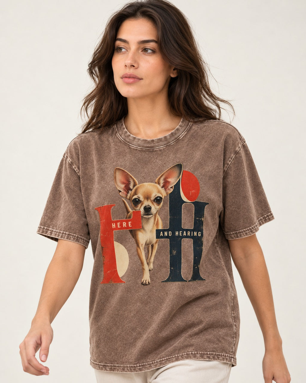 Chihuahua Here and Hearing Typographic Graphic Washed Tee in Coffee, worn by a model