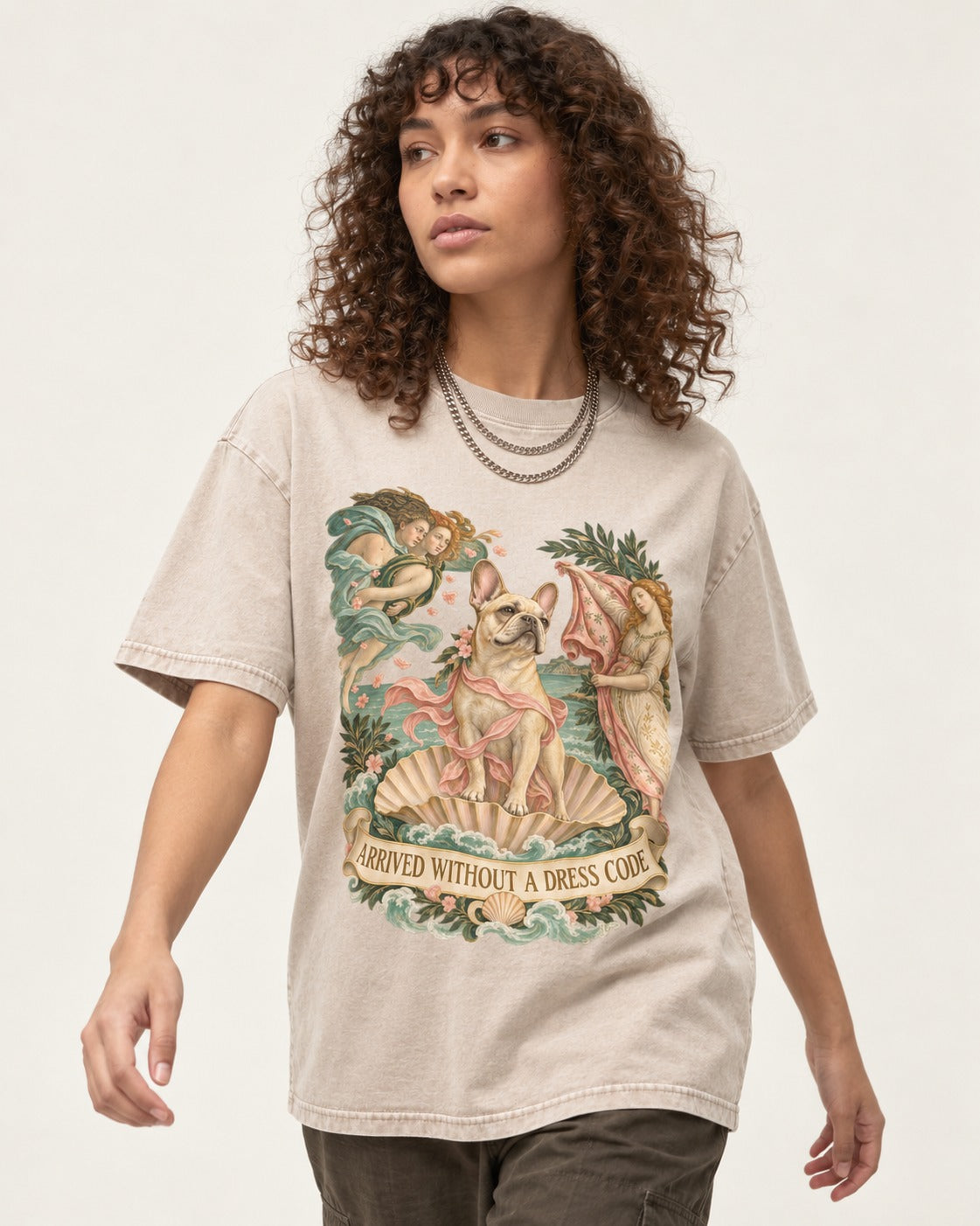 Frenchie Without a Dress Code Washed Tee in Apricot, worn by a model