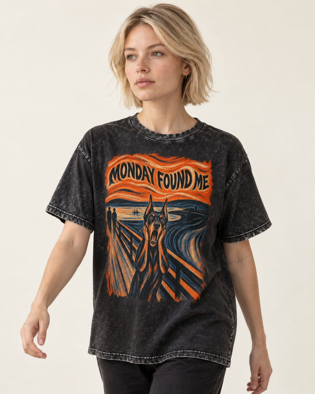 Doberman Monday Found Me Scream Graphic Washed Tee in Black, worn by a model